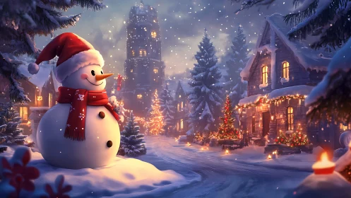 Snowman overlooks festive village street under falling snow