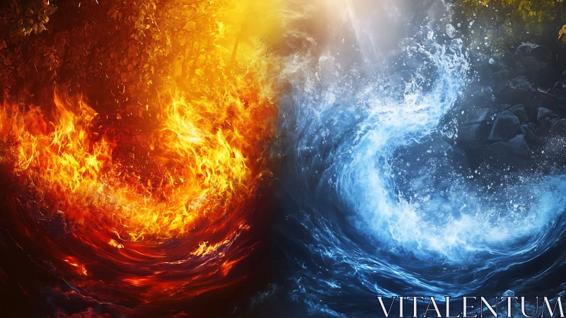 Bilateral elemental opposition rendered as fire and ice formations.
