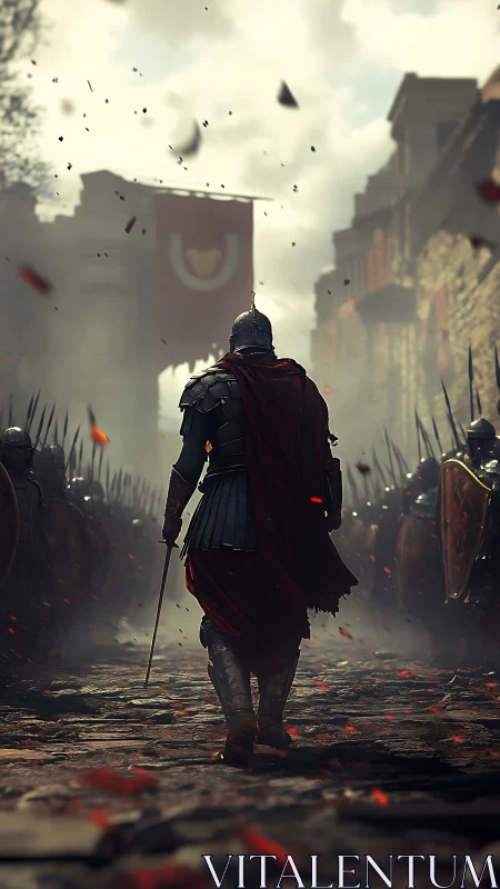 Lone armored knight advances through a war-torn avenue.