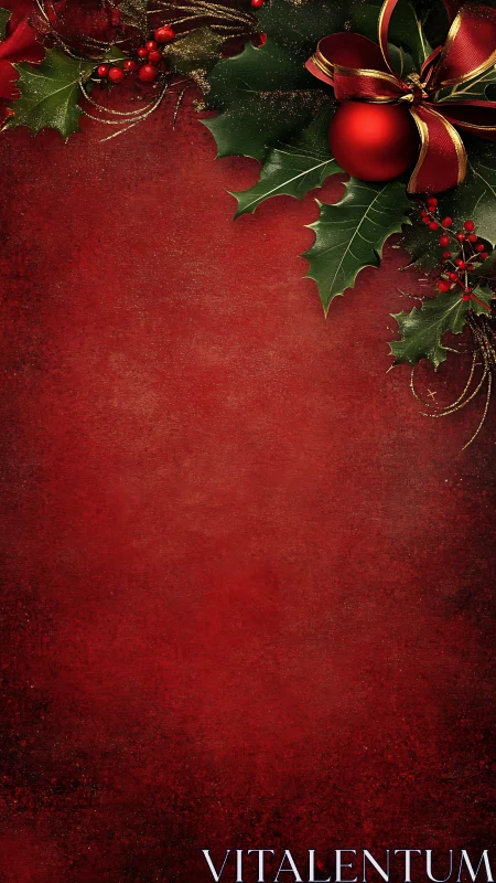 Red Christmas background frames glossy bauble and holly cluster
