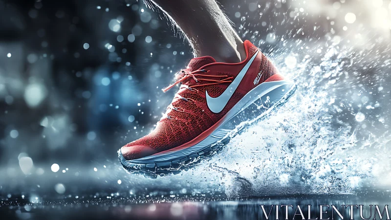 Dynamic red running shoe powers through dramatic water splash