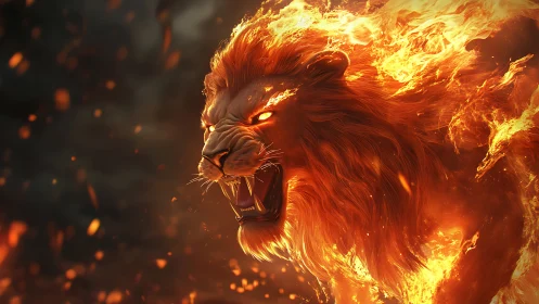 Fiery lion roars as blazing mane ignites the stormy dark.