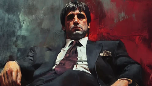 Seated man in suit against textured red and gray backdrop.