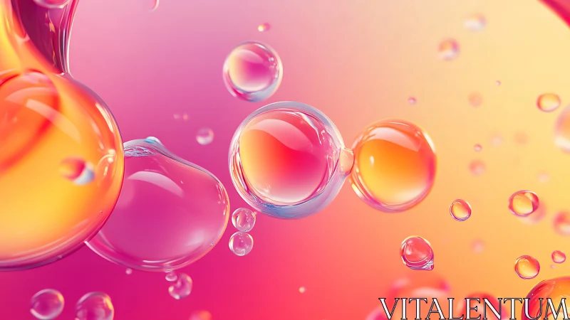 Colorful liquid bubbles on bright pink orange gradient.