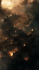 Aerial Wildfire Inferno: Smoke-Obscured Landscape in Golden Flames.