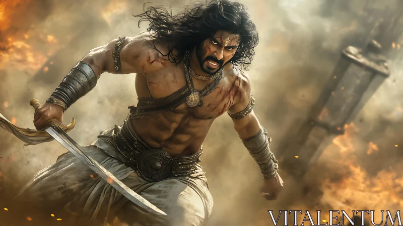 Battle-scarred warrior charging through blazing warzone.