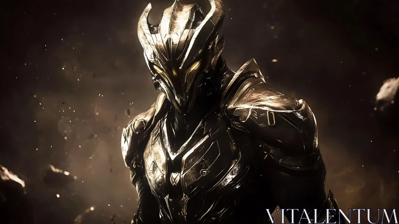 Armored alien warrior stands in molten cosmic debris