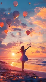 Silhouetted figure on shoreline stands beneath rising balloons