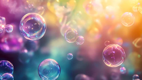 Iridescent soap bubbles drift through glowing pastel light field