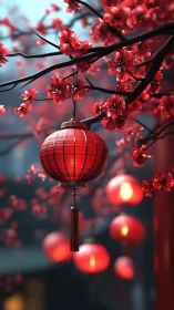 Red paper lantern among cherry blossoms at night.