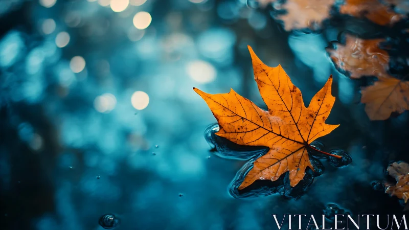 Golden autumn leaf drifts on dreamy blue water bokeh.