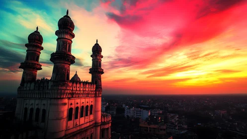 Historic minaret tower over dense city at vivid sunset sky.