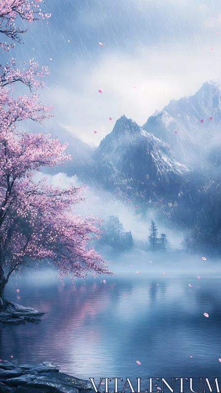 Blossoming cherry tree overlooks misty mountainside lake.