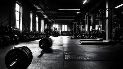 Photorealistic monochrome powerlifting gym with dramatic light.