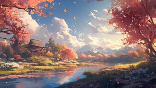 Digital painting of serene riverside temple in autumn light.