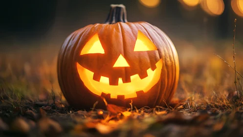 Illuminated jack-o-lantern in shallow-depth autumn field at dusk