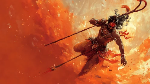 Dynamic warrior ascension in fiery orange digital painting.