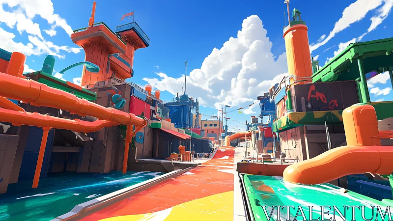 Vibrant Waterpark Render with Neon Slides and Architectural Elements