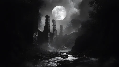 Moonlight carves silver paths through haunted stone ruins