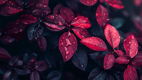 Macro study of crimson rain-soaked foliage in low-key light