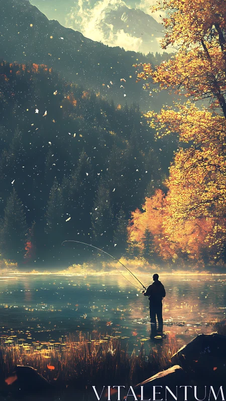 Solitary figure fishes beside an autumn lake under mountains