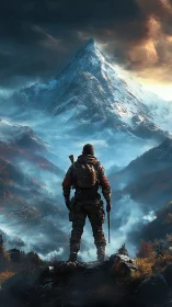 Lone wanderer quietly studies a towering snow peak ahead