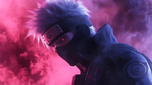 Mysterious masked ninja gazes through glowing violet smoke