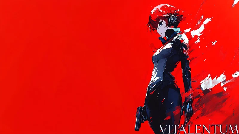 Scarlet echo operative framed in a storm of digital paint.