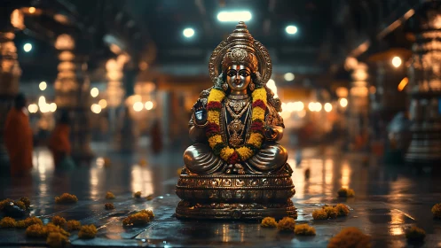 Golden Hindu deity idol glows under warm temple lights