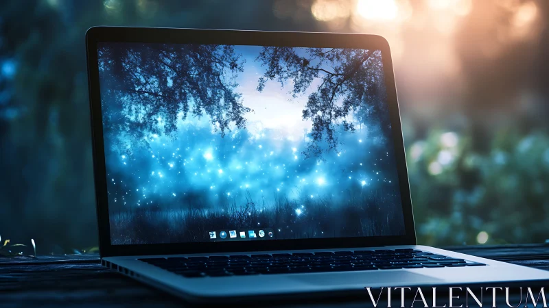 Dreamlit laptop portal opens onto a glowing forest night.