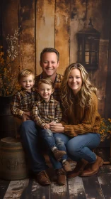 Smiling young family poses in warm rustic studio setting