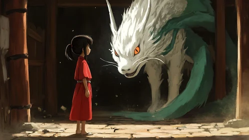 Anime fantasy standoff with girl and dragon spirit in doorway.