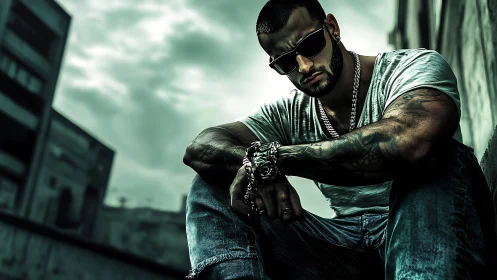 Brooding tattooed man sits in gritty urban rooftop haze