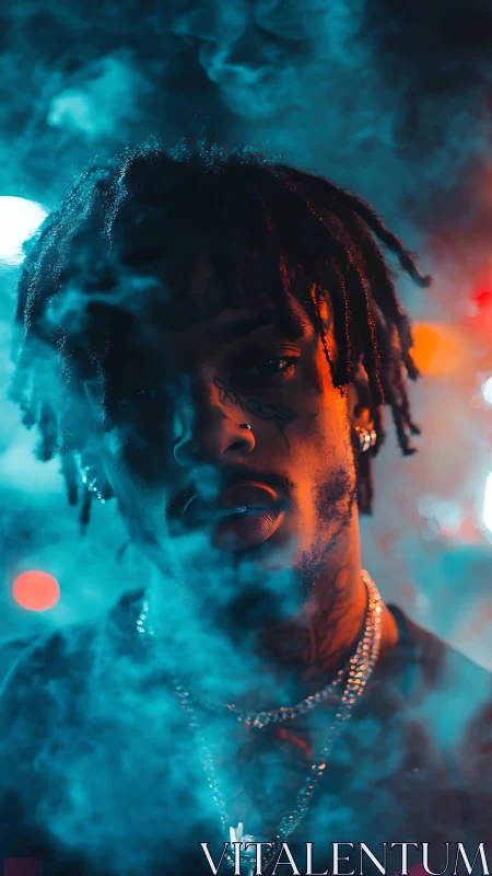 Moody urban portrait of tattooed man in neon smoke.