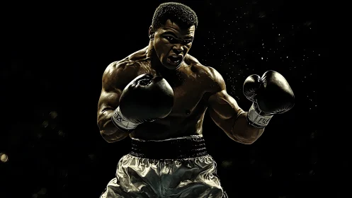 Professional boxer photographed against black background with dramatic lighting