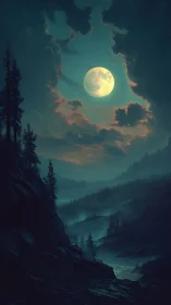 Full moon over misty valley and dark pine slopes.