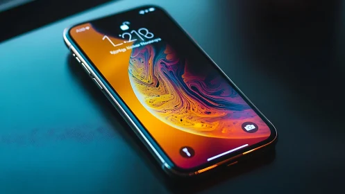 iPhone XS Max with abstract liquid metal wallpaper displayed.