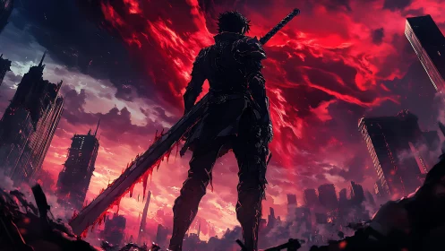 Lone bladebearer surveys a bleeding crimson apocalypse skyline.