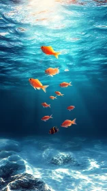 Goldfish swim in clear blue ocean under direct sunlight