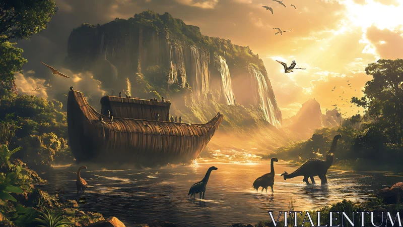 Large wooden ark floats near dinosaurs in misty canyon