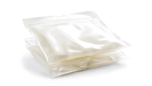 Two sealed milk pouches in clear plastic packaging, studio style.