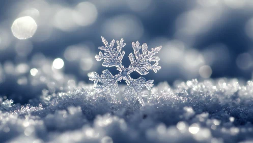 Macro snowflake crystal on glittering winter snowfield.