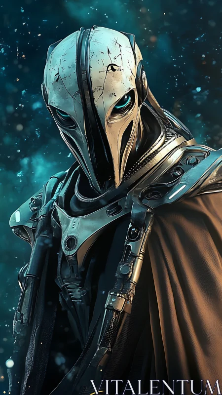 Stoic futuristic guardian in gleaming teal starlight.