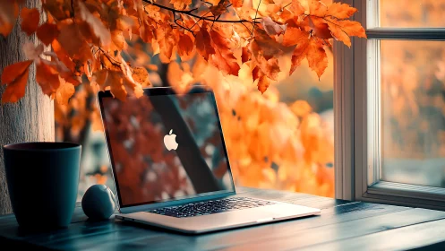 Laptop reflects autumn foliage beside bright window frame.