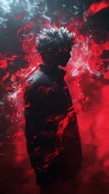 Lone fiery figure wrapped in swirling red and silver mist.