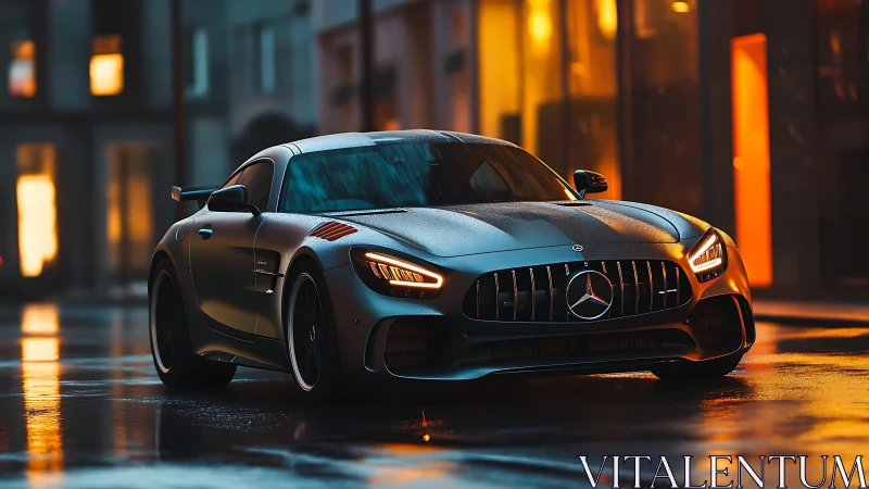 Mercedes sports car glows on a rainy neon city street at dusk