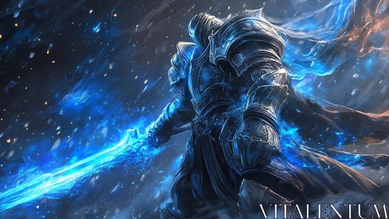 Frostlit knight strides through swirling cosmic stormscape.