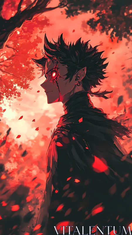 Crimson-eyed wanderer stalks a burning autumn dreamscape.