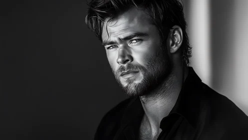 Brooding bearded man in high-contrast monochrome portrait.