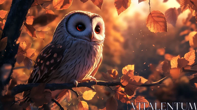 Realistic owl perched on autumn branch, warm golden lighting.